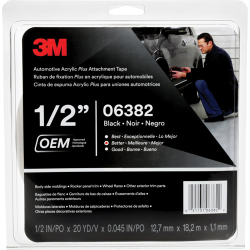 3M Automotive Acrylic Tape, 18 M (60') L x 12.7 mm (1/2") W, 45 mils, Acrylic Action Paper
