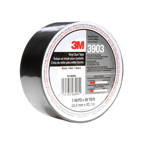 Rubans adh&eacute;sifs en vinyle 3903, 1245 mm (49") la x 46 m (151') lo, 6,5 mils, Noir Action Paper