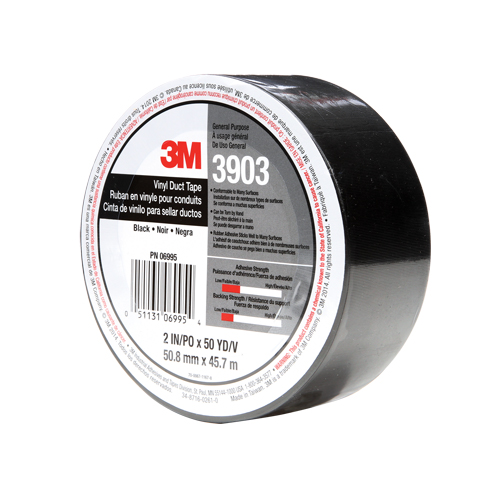 Rubans adh&eacute;sifs en vinyle 3903, 1245 mm (49") la x 46 m (151') lo, 6,5 mils, Noir Action Paper