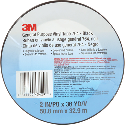 Ruban en vinyle pour travaux g&eacute;n&eacute;raux 764, 50,8 mm (2") la x 32,9 m (108') lo, 5 mils, Noir Action Paper