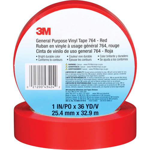 Ruban en vinyle pour travaux g&eacute;n&eacute;raux 764, 25,4 mm (1") la x 32,9 m (108') lo, 5 mils, Rouge Action Paper
