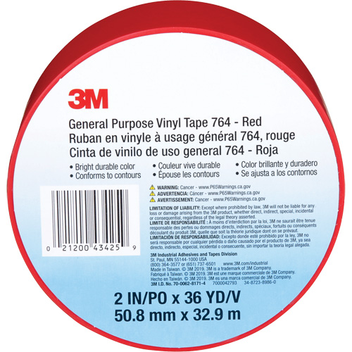 Ruban en vinyle pour travaux g&eacute;n&eacute;raux 764, 50,8 mm (2") la x 32,9 m (108') lo, 5 mils, Rouge Action Paper