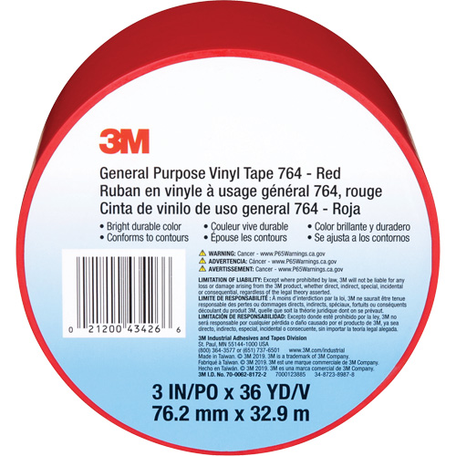 Ruban en vinyle pour travaux g&eacute;n&eacute;raux 764, 76 mm (3") la x 32,9 m (108') lo, 5 mils, Rouge Action Paper
