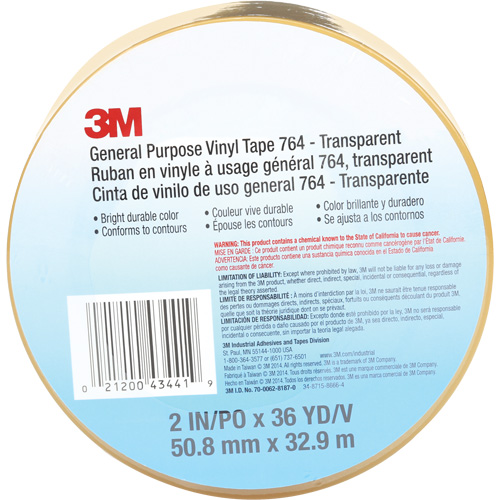 Ruban en vinyle pour travaux g&eacute;n&eacute;raux 764, 50,8 mm (2") la x 32,9 m (108') lo, 5 mils, Transparent Action Paper
