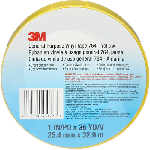 Ruban en vinyle pour travaux g&eacute;n&eacute;raux 764, 25,4 mm (1") la x 32,9 m (108') lo, 5 mils, Jaune Action Paper