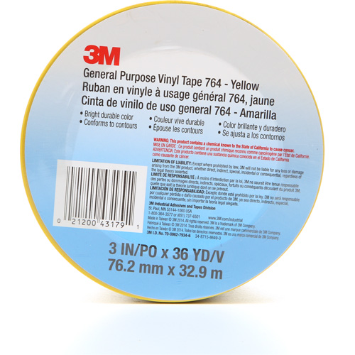 Ruban en vinyle pour travaux g&eacute;n&eacute;raux 764, 76 mm (3") la x 32,9 m (108') lo, 5 mils, Jaune Action Paper