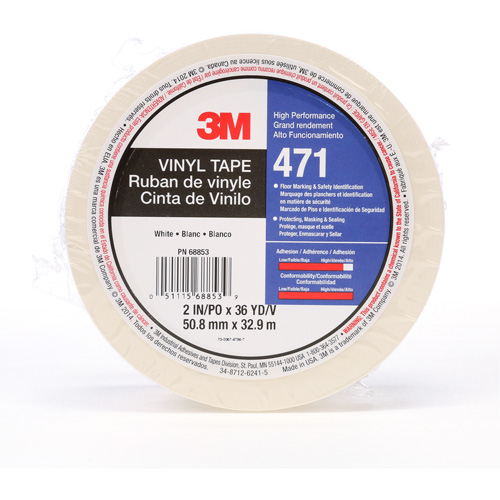 471 Vinyl Tape, 50.8 mm (2") W x 32.9 m (108') L, 5.2 mils, White Action Paper
