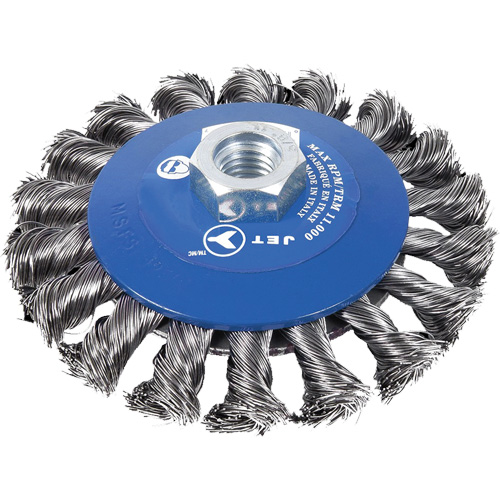 Knot Twisted Conical Bevel Brush, 5" Dia., 0.02" Fill, 5/8"-11NC Arbor Action Paper