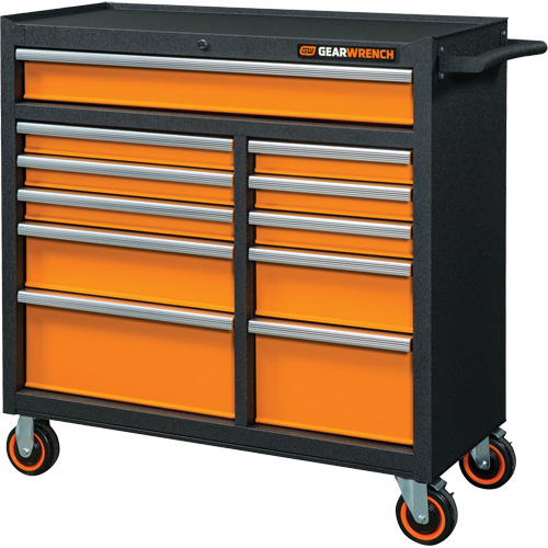 GSX Series Rolling Tool Cabinet, 11 Drawers, 41" W x 18-1/5" D x 41-1/2" H, Black/Orange Action Paper