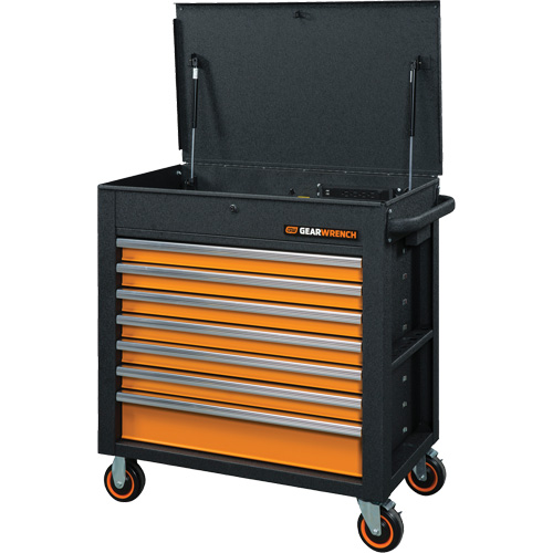 GSX Series Rolling Tool Cart with Tilt Top, 7 Drawers, 35" L x 20" W x 39" H, Black/Orange Action Paper