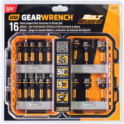 Bolt Biter Nut Extractor & Driver Set, 16 Pcs., Non Magnetic, Metric & Imperial Action Paper