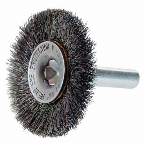 Crimped Wire Wheel Brush with 1/4" Shank, 3" Dia., 0.014" Fill, 1/4" Arbor Action Paper