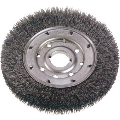 Crimped Wire Wheel Brushes - Narrow Face, 8" Dia., 0.014" Fill, 1-1/4" Arbor Action Paper