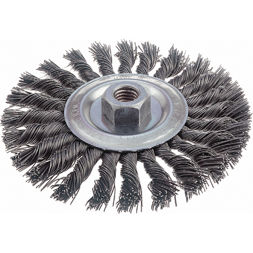 Brosses rotatives &agrave; fils nou&eacute;s - Brosse rotative &agrave; fils nou&eacute;s, fils nou&eacute;s standards, Dia. 6", Fils 0,023", Arbre 5/8"-11, Acier Action Paper