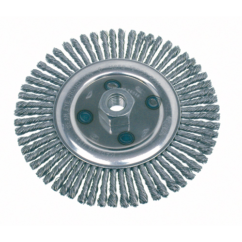 Knot Wire Wheel Brushes - Stringer Bead, 6-1/2" Dia., 0.02" Fill, 5/8"-11 Arbor, Stainless Steel Action Paper