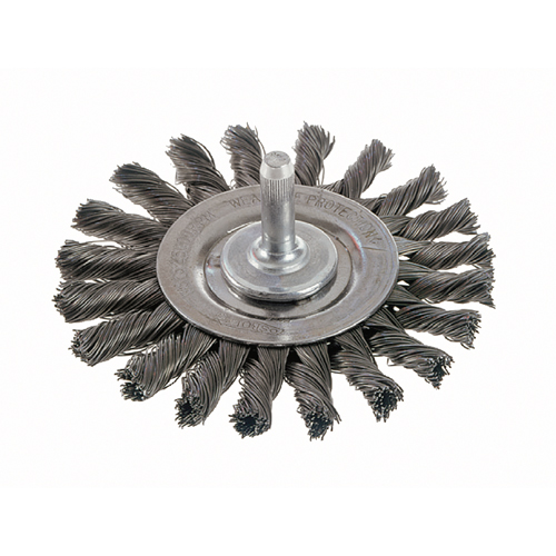 Knot Wire Wheel Brushes - Standard Twist Knot with 1/4" Shank, 4" Dia., 0.014" Fill, Steel Action Paper