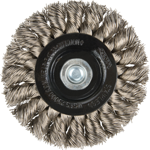 Knot Wire Wheel Brushes - Standard Twist Knot with 1/4" shank, 3" Dia., 0.014" Fill, Stainless Steel Action Paper