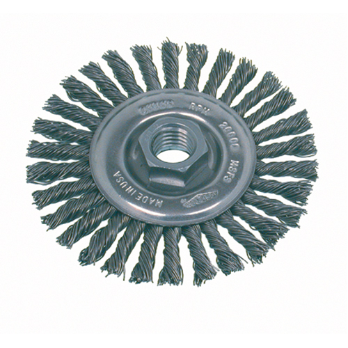 High Speed Small Grinder Stringer Bead Knot Wire Wheel Brush, 4" Dia., 0.02" Fill, 5/8"-11 Arbor, Steel Action Paper