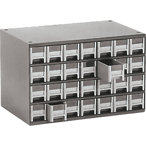 Modular Parts Cabinets, Steel, 28 Drawers, 17" x 10-9/16" x 2-2/16", Grey Action Paper