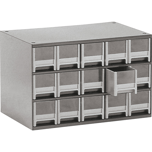 Modular Parts Cabinets, Steel, 15 Drawers, 17" x 10-9/16" x 3-1/16", Grey Action Paper