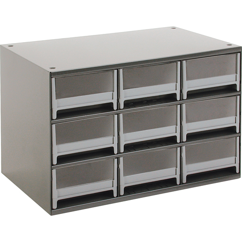 Modular Parts Cabinets, Steel, 9 Drawers, 17" x 10-9/16" x 3-1/16", Grey Action Paper