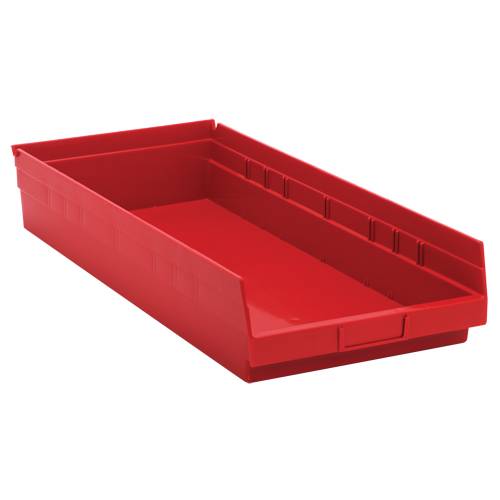 Shelf Bins, 11-1/8" W x 4" H x 23-5/8" D, Red, 50 lbs. Capacity Action Paper