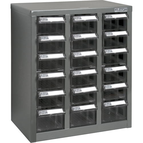 KPC-600 Parts Cabinet, Galvanized Steel, 18 Drawers, 13-9/10" x 8-7/10" x 16-3/10", Grey Action Paper
