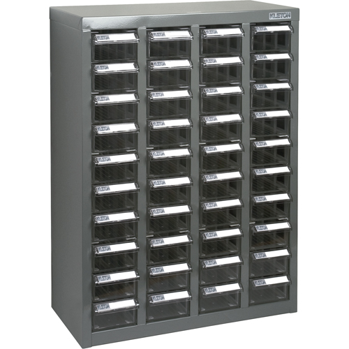 KPC-600 Parts Cabinet, Galvanized Steel, 40 Drawers, 18-3/10" x 8-7/10" x 25-3/10", Grey Action Paper