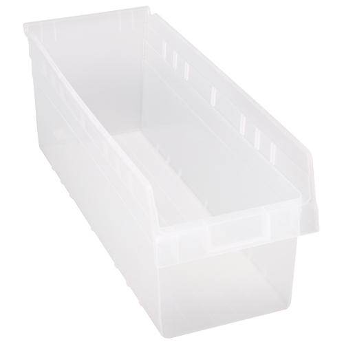 Store-Max Shelf Bins, 8-3/8" W x 8" H x 23-5/8" D, Clear, 68 lbs. Capacity Action Paper