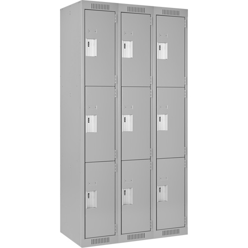 Clean Line Lockers, 3 -tier, Bank of 3, 36" x 18" x 72", Steel, Grey, Rivet (Assembled) Action Paper