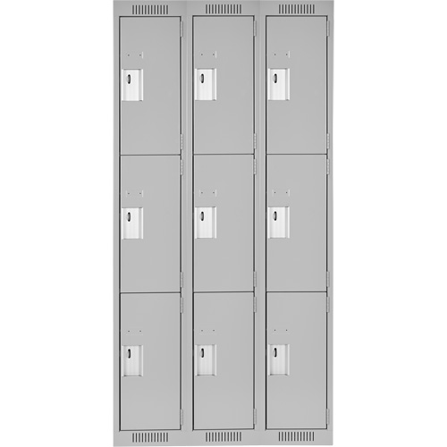 Clean Line Lockers, 3 -tier, Bank of 3, 36" x 18" x 72", Steel, Grey, Rivet (Assembled) Action Paper