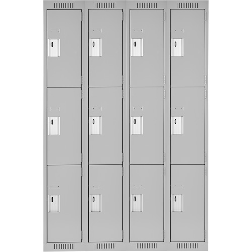 Clean Line Lockers, 3 -tier, Bank of 4, 48" x 18" x 72", Steel, Grey, Rivet (Assembled) Action Paper