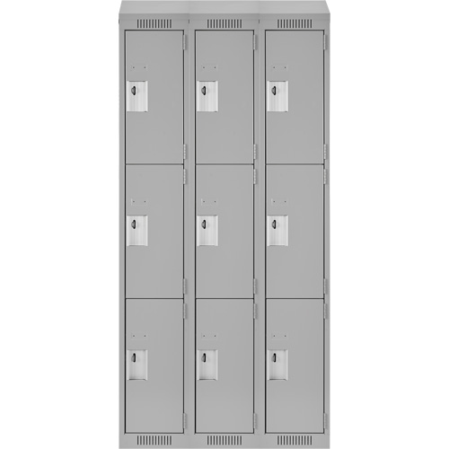 Clean Line Lockers, 3 -tier, Bank of 3, 36" x 18" x 78", Steel, Grey, Rivet (Assembled) Action Paper