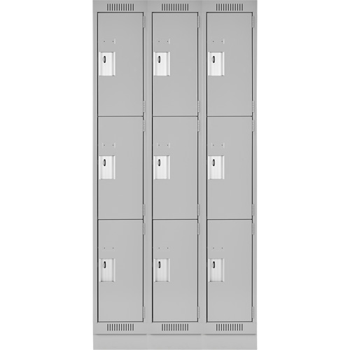 Clean Line Lockers, 3 -tier, Bank of 3, 36" x 18" x 76", Steel, Grey, Rivet (Assembled) Action Paper