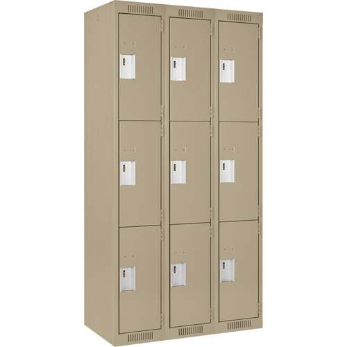 Clean Line Lockers, 3 -tier, Bank of 3, 36" x 18" x 72", Steel, Beige, Rivet (Assembled) Action Paper