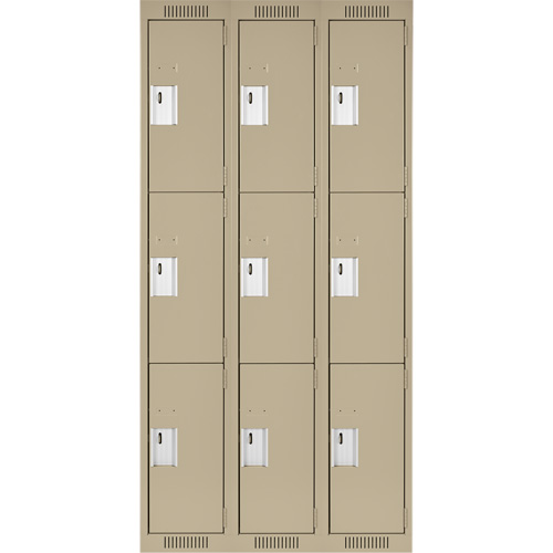 Clean Line Lockers, 3 -tier, Bank of 3, 36" x 18" x 72", Steel, Beige, Rivet (Assembled) Action Paper