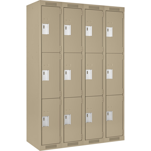 Clean Line Lockers, 3 -tier, Bank of 4, 48" x 18" x 72", Steel, Beige, Rivet (Assembled) Action Paper