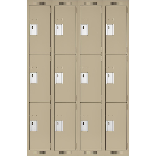 Clean Line Lockers, 3 -tier, Bank of 4, 48" x 18" x 72", Steel, Beige, Rivet (Assembled) Action Paper