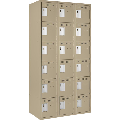 Clean Line Lockerette, 6 -tier, Bank of 3, 36" x 18" x 72", Steel, Beige, Rivet (Assembled) Action Paper
