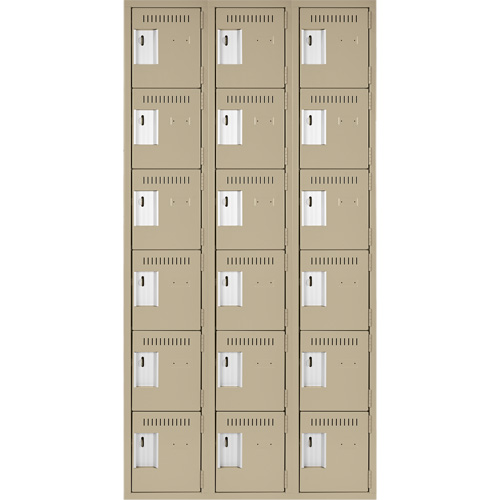 Clean Line Lockerette, 6 -tier, Bank of 3, 36" x 18" x 72", Steel, Beige, Rivet (Assembled) Action Paper