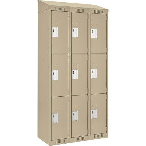 Clean Line Lockers, 3 -tier, Bank of 3, 36" x 18" x 78", Steel, Beige, Rivet (Assembled) Action Paper