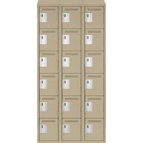 Clean Line Lockerette, 6 -tier, Bank of 3, 36" x 18" x 78", Steel, Beige, Rivet (Assembled) Action Paper
