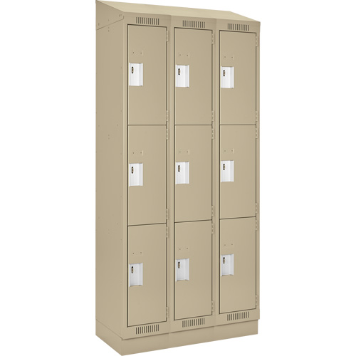 Clean Line Lockers, 3 -tier, Bank of 3, 36" x 18" x 82", Steel, Beige, Rivet (Assembled) Action Paper
