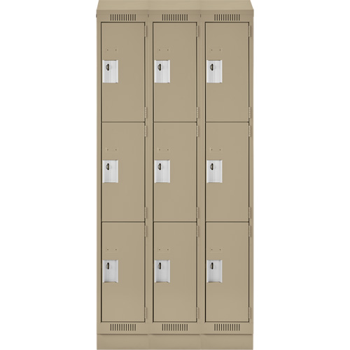 Clean Line Lockers, 3 -tier, Bank of 3, 36" x 18" x 82", Steel, Beige, Rivet (Assembled) Action Paper