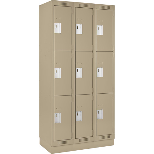 Clean Line Lockers, 3 -tier, Bank of 3, 36" x 18" x 76", Steel, Beige, Rivet (Assembled) Action Paper