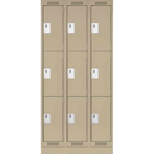 Clean Line Lockers, 3 -tier, Bank of 3, 36" x 18" x 76", Steel, Beige, Rivet (Assembled) Action Paper