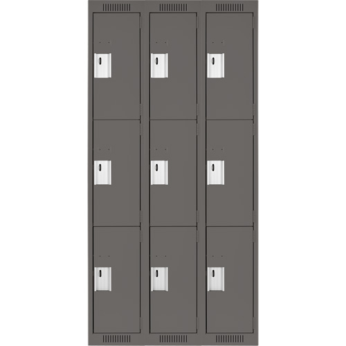 Clean Line Lockers, 3 -tier, Bank of 3, 36" x 18" x 72", Steel, Charcoal, Rivet (Assembled) Action Paper
