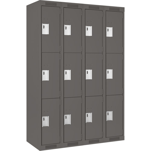 Clean Line Lockers, 3 -tier, Bank of 4, 48" x 18" x 72", Steel, Charcoal, Rivet (Assembled) Action Paper