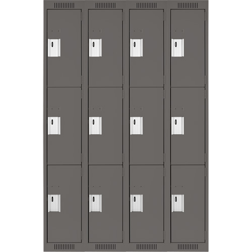 Clean Line Lockers, 3 -tier, Bank of 4, 48" x 18" x 72", Steel, Charcoal, Rivet (Assembled) Action Paper