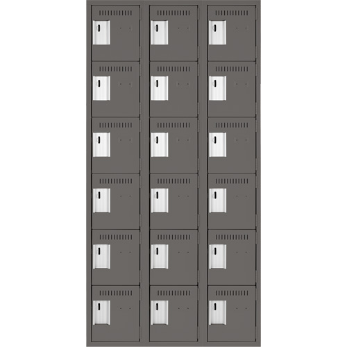 Clean Line Lockerette, 6 -tier, Bank of 3, 36" x 18" x 72", Steel, Charcoal, Rivet (Assembled) Action Paper